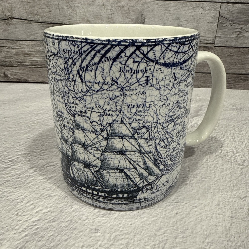 222 Fifth DUE NORTH Porcelain‎ Nautical Mug Jumbo Coffee Blue Clipper Ship Map